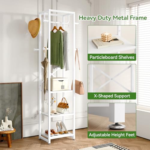 IBUYKE Coat Rack with Shelves, Freestanding Hall Tree with 3 Shelves and 8 Hooks, Industrial Clothes Stand for Entryway, Hallway, Bedroom, White UTMJ088W - color: White