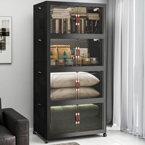 UAMFURI Stackable Storage Bins with Lids, 720QT Lockable Storage Cabinet, Foldable Storage Box with Doors and Wheels, Plastic Drawers for Home, Garage, Office (4, Black, Extra Large) - color: Black, size: Extra Large