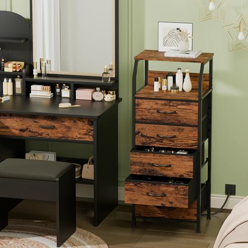 Furnulem 5 Drawers Dresser with Charging Station, Tall Night Stand with Storage Shelf, Fabric Chest of Drawers, Bedside Table for Closet, Entryway, Bedroom Furniture, 3 Ways to Use, Rustic Brown - color: Rustic Brown, size: 5 Drawer