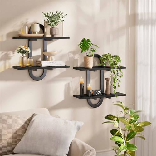 Floating Shelves, 2Pcs Wall Mounted Shelves with 2-Tier Bathroom Hanging Storage Shelves Set for Living Room Bedroom Bathroom Office Kitchen, Black - color: Black