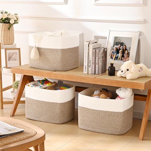 3 Pack Cube Storage Bin, 17”x12”x12” Cotton Rope Woven Baskets for Organizing Toys Clothes Towels, Square Gift Storage Baskets for Shelves, Nursery, Closet, Bathroom, Pantry (White & Jute) - color: White & Jute, size: 17" x 12" x 12"