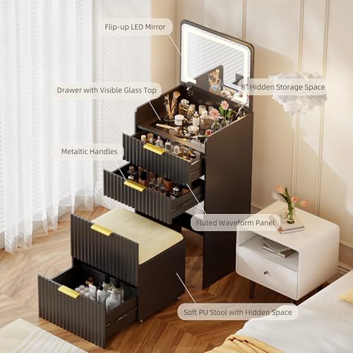Gurexl Fluted Small Vanity Desk with Mirror and Lights, 3-in-1 Compact Makeup Vanity Set with Hidden Storage Stool, Mini Dressing Table with 3 Drawers, Gift for Little Girls/Kids (Black) - color: Black