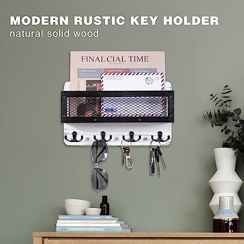 ADIIL Mail and Key Holder for Wall Decorative, Wooden Wall Mount Key Rack Hanger Organizer with 4 Double Key Hooks, Rustic Home Decor for Entryway Hallway, White - color: White