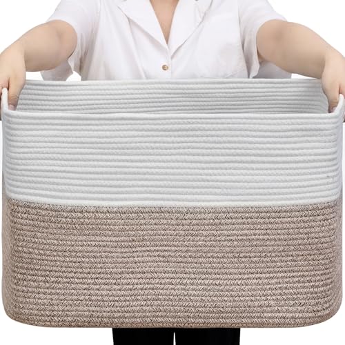 Optish 95L Large Blanket Basket, Woven Storage Baskets with Reinforced Handles, Rope Laundry Basket for Living Room, Bedroom, Nursery, Toys, Clothes,Pillows, 24” x 17” x 13.5”, White & Brown - color: White & Brown, size: 24" x 17" x 13.5"(95L)