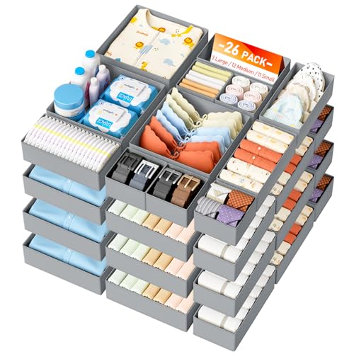 DIMJ Drawer Organizer Clothes 26 Pack - Foldable Baby Organizers and Storage & Closet Organizers for Bedroom, Closet - Nursery Organization Dresser Dividers for underwear, Sock,Bra, Belt, Tie,Gray - color: Gray, size: 26 Pack