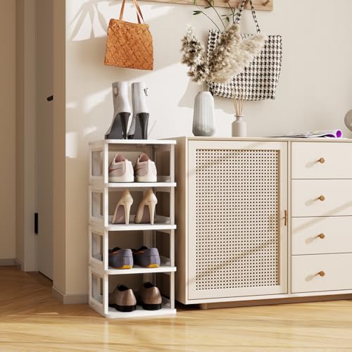 SEE SPRING 5-Tier Stackable Shoe Rack Organizer – Plastic Shoe Storage Shelf for Entryway, Closet, Bedroom – Holds Size 13 Shoes, Space-Saving & Sturdy (White) - color: White