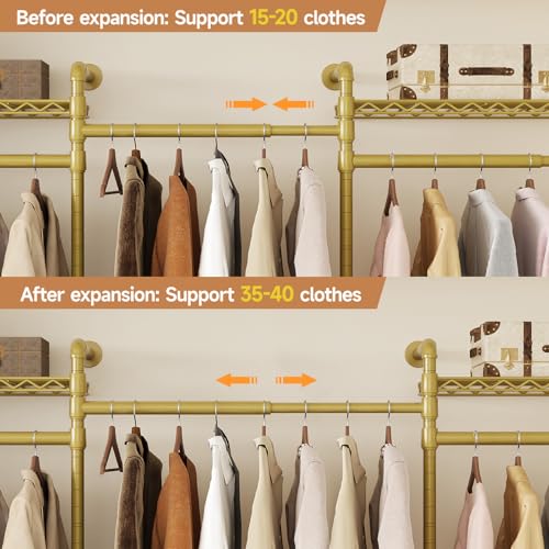 Wall Mounted Garment Rack, Walk-in Closet System with Expandable Rods, Adjustable Shelves, Industrial Pipe Clothing Racks, Hanging Clothes Organizers and Storage, Metal Closet Shelving Wardrobe - color: Gold