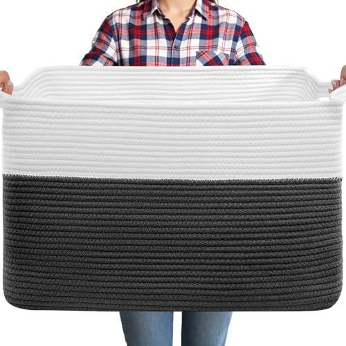 75L Large Blanket Basket, Rectangular Cotton Rope Basket, Laundry Hamper for Blankets, Pillows, Extra Large Toys Storage Bins for Kids, Dogs 22" x 17" x 12", White & Black - color: Black & White, size: 22" x 17" x 12"