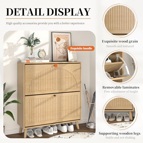 Fsbecl Shoe Storage Cabinet for Entryway with 2 Flip Drawers, Narrow Wood Shoe Cabinet with Fluted Panel, Freestanding Hidden Shoe Organizer for Foyer, Hallway (Wood Color) - color: Wood Color - With Shelf