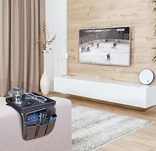 Anti Slip Armchair Caddy w/Detachable Wooden Snack Tray PU Leather Armrest Cup Holder Couch Arm for Recliner w/ 1 Big Pocket, 3 Small Pockets, Remote Control (Dark Chocolate), 10.5Wx30L - color: Dark Chocolate