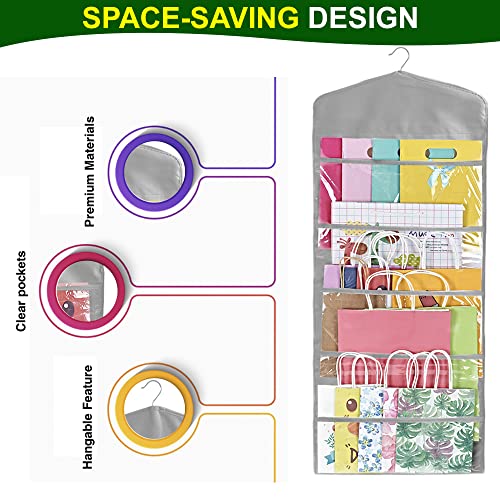 ProPik Hanging Double Sided Gift Bag Storage Organizer with Multiple Front and Back Pockets - Organize Your Gift Wrap, Tissue Paper, and Paper Bags 38 x 16 Inch PVC (Gray) - color: Gray