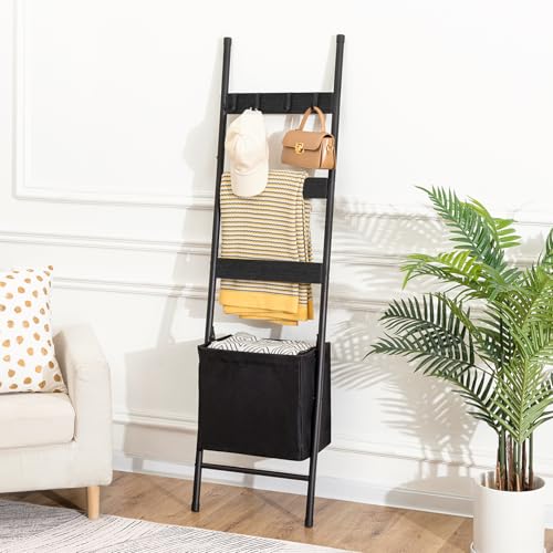 HOOBRO Blanket Ladder with Basket, 17.3”L x 63.4”H, Towel Rack with Hooks, Blanket Holder Rack, Decorative Ladder Shelf, Drying and Display Rack for Bathroom, Living Room, Black BB31CJ01 - color: Black + Black
