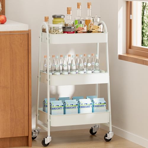 NEWBULIG 3-Tier Rolling Utility Cart with Locking Wheels, Slim Metal Mobile Storage Organizer Shelf for Small Spaces, Bathroom, Living Room, White - color: White, size: 3-Tiers