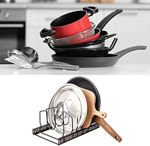Toplife Pot Lids Organizer Rack for Cabinet and Countertop, 7+ Pan Lids and Bakeware Organizer Rack Holder with 7 Adjustable Compartments - Brown - color: Brown, size: Lid Organizer