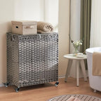 Laundry Hamper with Wheels&Lid, 50.2 Gallons(190L) Rolling Laundry Basket with Wheels, 3-Section Laundry Hamper, Handwoven Rattan Clothes Hamper with 6 Removable Liner& 3 Mesh Laundry Bags, Grey - color: Grey
