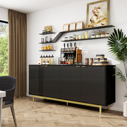 MUUEGM Sideboard Buffet Cabinet with Storage, 58" Large Kitchen Storage Cabinet with Shelves and 4 Fluted Doors, Modern Console Table for Kitchen, Dining Room, Hallway(Black) - color: Black