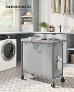 SONGMICS Laundry Basket with Wheels, 3-Section Rolling Laundry Hamper, 52.8 Gallons (200 L), Removable Liner, Steel Frame with Handle, 35.8 x 15.4 x 31.9 Inches, Dove Gray URLS005G01 - color: Dove Gray, size: 200 L (3-Section), style: Rectangular with han