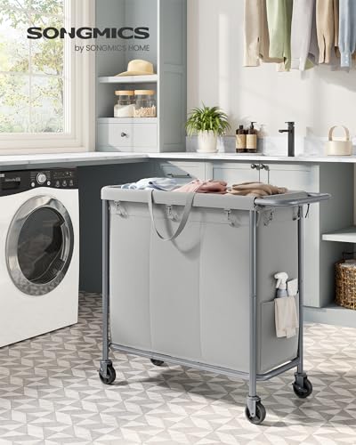 SONGMICS Laundry Basket with Wheels, 3-Section Rolling Laundry Hamper, 52.8 Gallons (200 L), Removable Liner, Steel Frame with Handle, 35.8 x 15.4 x 31.9 Inches, Dove Gray URLS005G01 - color: Dove Gray, size: 200 L (3-Section), style: Rectangular with han
