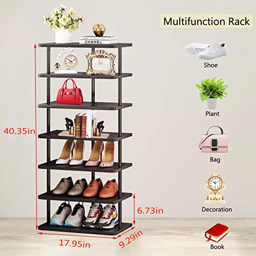SORCEDAS 7 Tiers Vertical Shoe Rack Wooden Shoe Storage Organizer for Space Saving Narrow Shoe Shelf Storage 14 Pairs for Entryway Living Room Bedroom(Black + Rustic Dark Brown) - color: Black + Rustic Dark Brown, size: 7 Tier-Large