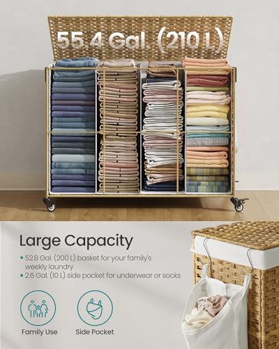 SONGMICS Laundry Hamper with Lid, 55.4 Gallons (210 L), Rolling Laundry Basket with Wheels, 4-Section Synthetic Rattan, Removable Liner, Bedroom, 33.9 x 15.7 x 26 Inches, Natural Color ULCB460Y01 - color: Natural, size: 210 L
