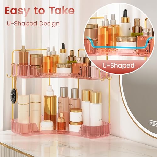 Delicate Pink 2-Tier Corner Counter Organizer with Expandable Hooks | Bathroom, Kitchen & Vanity Storage for PET Makeup, Skincare & Jewelry - color: Pink, size: 2 Tier