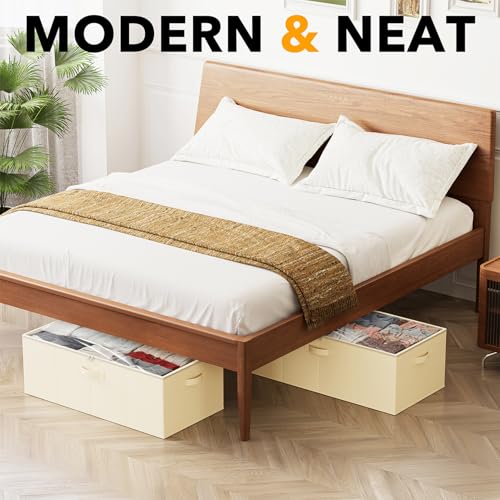 SpaceAid 2 Pack 10" High Under Bed Storage Containers, Large Underbed Storage Organizer Bins with Lids for Bedroom, Dorm, Clothes, Closet Organization, Bed Sheets and Blankets (Beige) - color: Beige