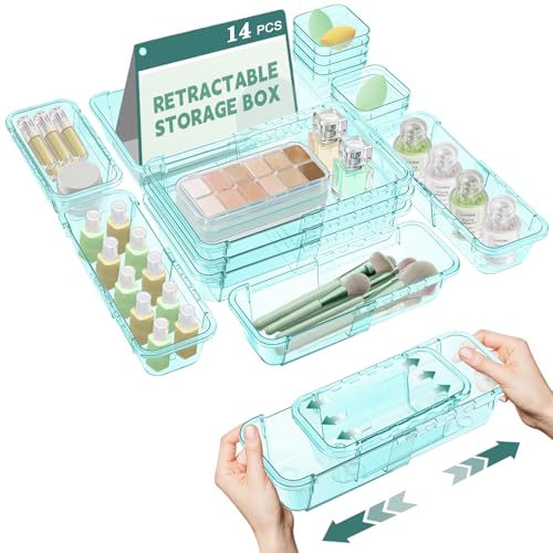 14 Pcs Clear Drawer Organizer, Adjustable Drawer Storage Box, 3-Size Desk Drawer Organizer, Acrylic Storage Bins for Makeup, Kitchen Utensils, Bedroom Dressers Tool Organizer for Gadgets, Blue - color: Blue, size: 14PCS