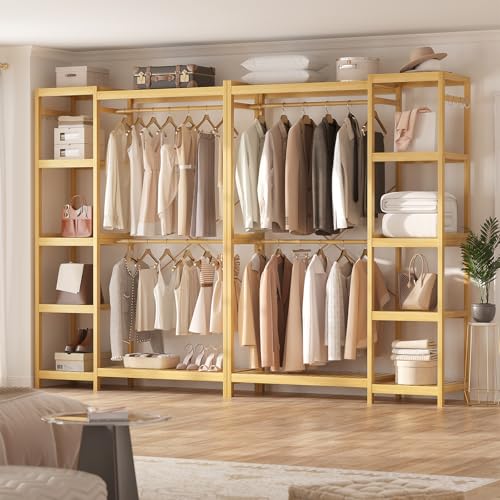 Homykic Bamboo Closet System, Heavy Duty Clothing Rack for Hanging Clothes, Freestanding Clothes Rack with 7 Adjustable Shelves & 2 Rods, 4 Hooks, Open Wardrobe Closet Organizer Garment Rack - color: Bamboo, size: 1-Pack