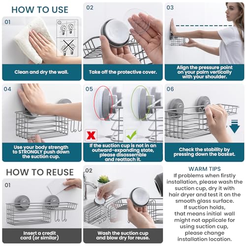 TAILI Shower Caddy Suction Cup with Hooks & Soap Holder, Heavy Duty Bathroom Shower Organizer, No Drilling Shower Shelves for Inside Bathroom, Metal Storage Holder-Grey - style: 1 × Grey