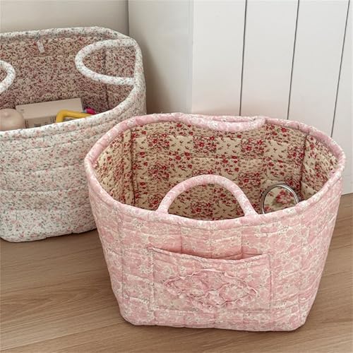 Quilted Fabric Storage Basket with Handles & Pocket, Foldable Laundry Hamper Boho Floral Print Organizer Bin for Home, Picnic, Office 12"x10"x10" (A-4) - color: A-4
