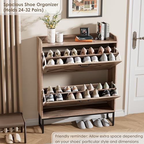 Nicetree Shoe Cabinet with 2 Flip Drawers，Freestanding Shoe Storage Cabinet, Narrow Shoe Organizer Cabinet, Farmhouse Slim Shoe Rack Cabinet for Entryway,Toasted Oak - color: Toasted Oak, style: 2-Drawers