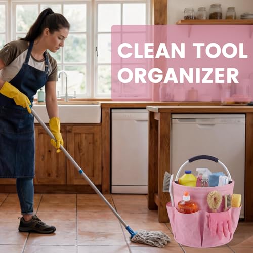 Cleaning Caddy with Handle and 6 Pockets, 17L Cleaning Supplies Organizer, 600D Oxford Fabric Storage Basket, Multifunctional Bucket Bag for Picnics, Camping, Gardening, Bathing (Pink) - color: Pink