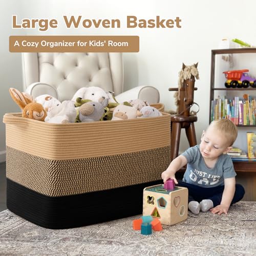 Goodpick 105L Extra Large Blanket Basket 25" x 16" x 16" Cotton Rope Storage Baskets for Organizing, Wicker Laundry Basket with Handles, Rectangle Woven Baskets for Storage, Black & Jute - color: Black Jute, size: XX-Large(25"L x 16"W x 16"H)