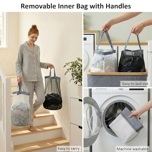 efluky Laundry Hamper with Lid, Double Laundry Hamper with 2 Removable Bags, 2 Section Laundry Basket with Bamboo Handles for Bathroom, Bedroom & Laundry Room, 140L (36.9 Gallon) Blue Grey - color: Blue Grey, size: 140L Dual