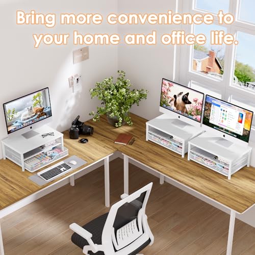 OPNICE Computer Monitor Stand Riser, Desk Organizer with Drawer, Printer & Laptop Stand, Office Desk Accessories & Workspace Desktop Organizers Storage for Office Supplies(White) - color: White