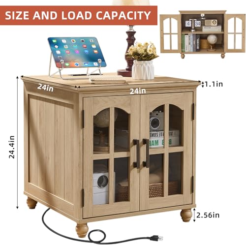 RWYHG Farmhouse End Table with Charging Station,24" Large Sofa Side Table with Glass Barn Door,Rustic Wood Night Stand with Adjustable Storage Shelf,Square Bedside Table for Living Room,Bedroom Office - color: Natural Wood, size: Set 1
