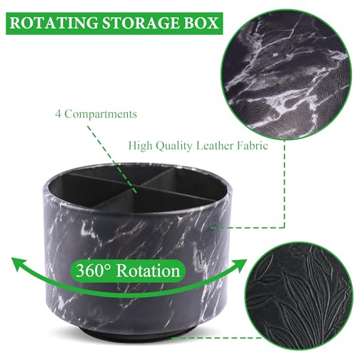Round Leather Art Supply Organizer,Remote Control Holder,360-degree Rotating Pen Organizer with 4 Compartments(1-Marble Black Silver) - color: 1-Marble Black Silver