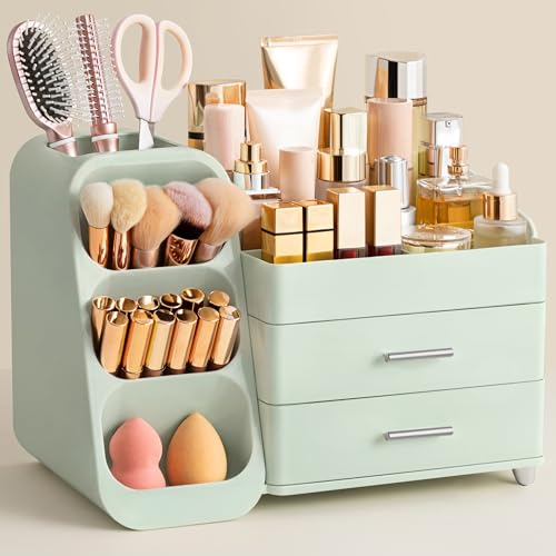 HBlife Makeup Organizer with Brush Holder for Vanity, Large Plastic Bathroom Countertop Organizer Skin Care Storage, Easy to Store Lipsticks, Nail Polishes, Perfumes, Eyeshadow Palettes, All Green - color: All Green, size: Large
