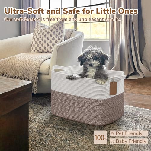 Goodpick Woven Storage Baskets for Organizing 18" x 14" x 12" Large Blanket Basket for Living Room Bedroom, Rectangle Cotton Rope Basket with Handles, Toy Baskets Storage Kids, Brown - color: Brown, size: 18"L x 14"W x 12"H