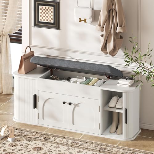 Einhomn 47.2'' Sliding Door Entryway Shoe Storage Bench with Seat Cushion, Shoe Rack with Lift-Top Hidden Storage & Adjustable Shelf, Bench for Bedroom End of Bed, White - color: White