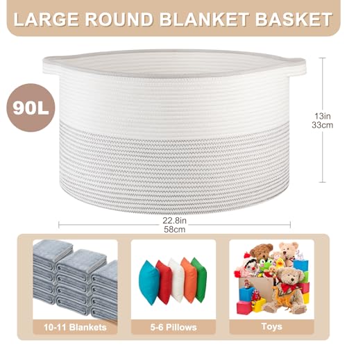 OIASKET Large Blanket Basket with Handles, 22.8" x 22.8" x 13" Woven Storage Basket for Living Room, Cotton Rope Baby Toy Storage for Clothes, Pillows, Towels-Black and White - color: Black & White, size: 90L