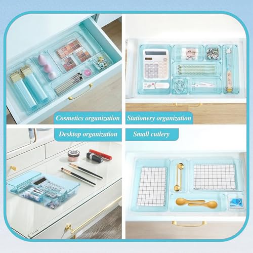 Kitchen Desk Drawer Organizers Storage for Office, Small Acrylic Vanity Trays Makeup Organizer for Drawer Bathroom Plastic Make up Organizers 25 Pcs Clear Blue - color: Clear Blue