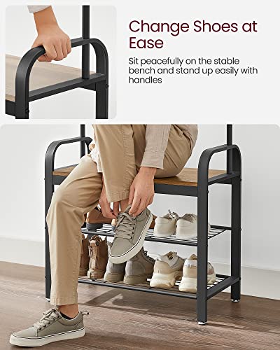 VASAGLE Coat Rack, Hall Tree with Shoe Bench for Entryway, Entryway Bench with Coat Rack, 4-in-1, with 9 Removable Hooks, a Hanging Rod, 13.3 x 28.3 x 72.1 Inches, Rustic Walnut and Black UHSR040B41 - color: Rustic Walnut + Black, size: 28.3"W