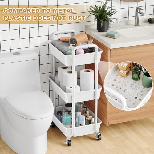 3 Tier Rolling Cart with Wheels, White Plastic Three Tiered Roller Shelf Cart on Lockable Wheels, Small Utility Storage Organzier Carts for Craft, Art, Baby Diaper Caddy, Snack, Dorm, Kitchen,Bathroom - color: White