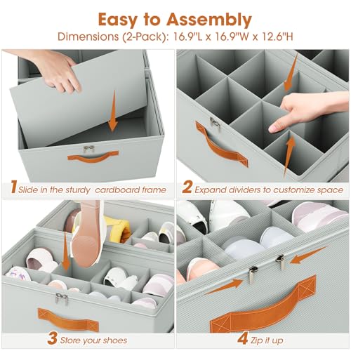 4 Pack Shoe Organizer for Closet,Foldable Shoe Storage Organizer with Adjustable Dividers, Shoe Storage Box with Clear Cover, Fits up to 32 Pairs, Gray - color: Gray, size: 4 Pack