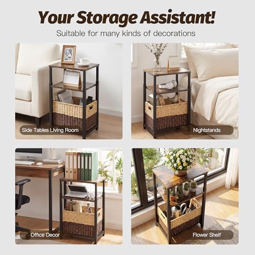 Side Table with Storage Basket, Small End Table with Modern Design and Adjustable Height for Living Room, Bedroom Nightstand Bedside Table for Small Spaces (Rustic Brown + Classic Black) - color: Rustic Brown + Classic Black
