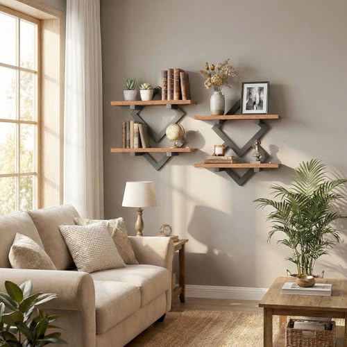 HOOBRO 15" Floating Shelves for Wall, Set of 2 Wall shelf, 2-Tier Hanging Shelves, Wall Mounted Storage Shelf, Display Rack, for Living Room Bedroom Kitchen Bathroom, Rustic Brown and Black BF14BJP201 - color: Rustic Brown + Black