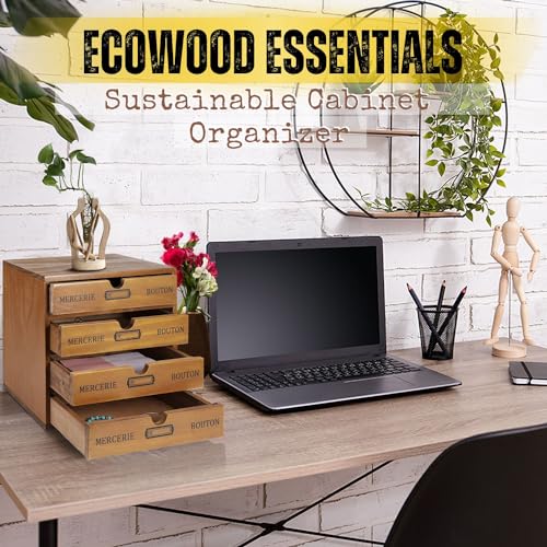 Flexzion Desktop Storage Box with Drawers - Wooden 4 Drawer Organizer Card Catalog Cabinet, No Assembly Required, Pine Wood Vintage Tabletop for Home and Office Accessories - size: 4 Drawer