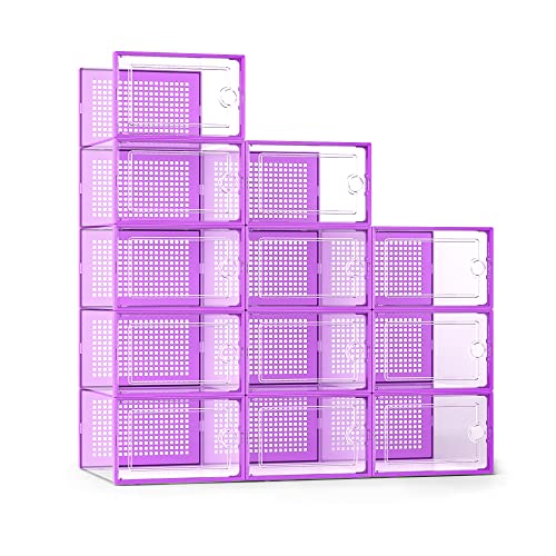 Kuject X-Large Shoe Storage Boxes Organizers Clear Plastic Stackable 12 Pack, Shoe Rack & Holder Substitute, Sneaker Containers, Toy Storage Organizer Bins for Entryway, Closet, Under Bed, Purple - color: Purple, size: X-Large