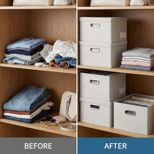 PRANDOM Storage Bins with Lids [3-Pack] Linen Fabric Foldable Storage Boxes Organizer Containers Baskets Cube with Cover for Bedroom Closet Office Beige（11.4X8.6X6.7 - color: Beige, size: S(3-Pack)
